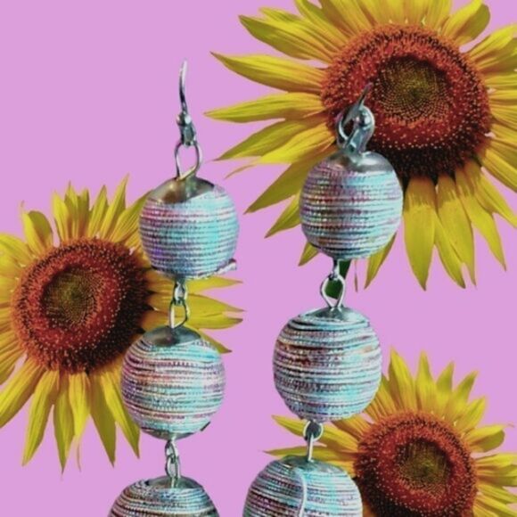 EARRINGS IRRIDESCENT 3 SPHERES Wrapped with SILVER-TONE Wires - Picture 2 of 2